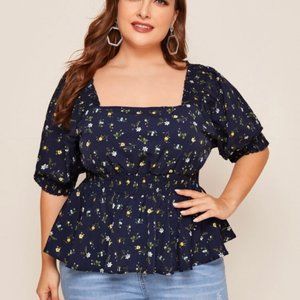 Floral Print Peplum Puffy Sleeved Top